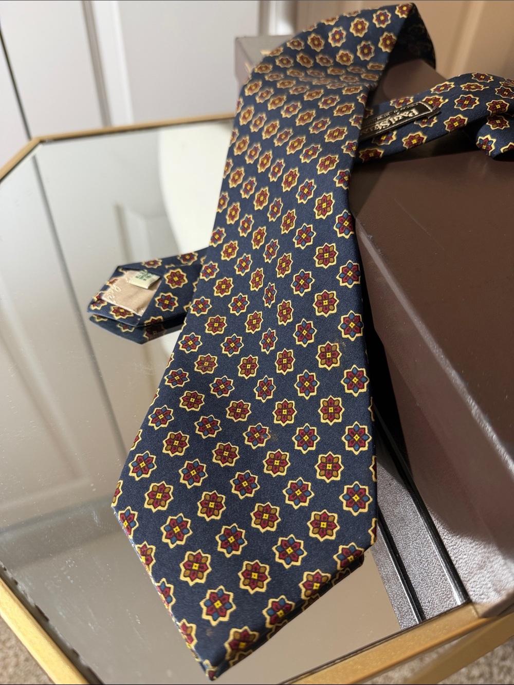 Paul stuart handmade in England silk Tie with Gold and Red Floral Medallions